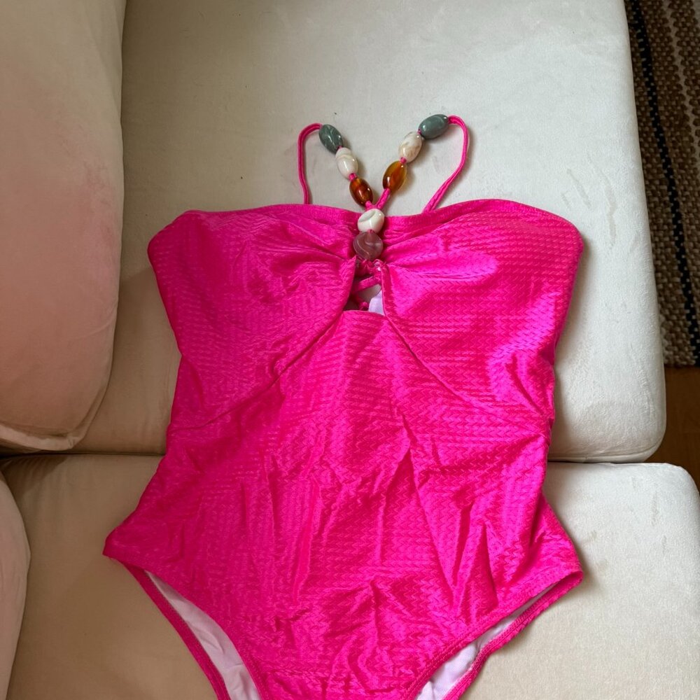 Hot pink one piece bathing suit, halter top with beads